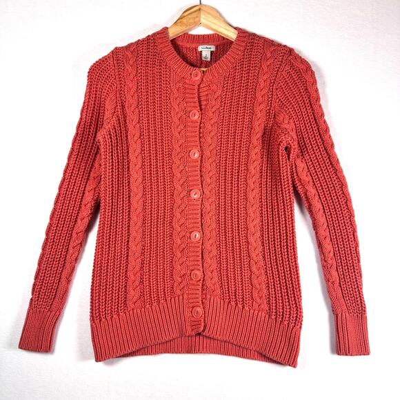 L.L BEAN Cable Knit Cotton Button Down Cardigan Sweater Size Small Orange - Picture 1 of 6